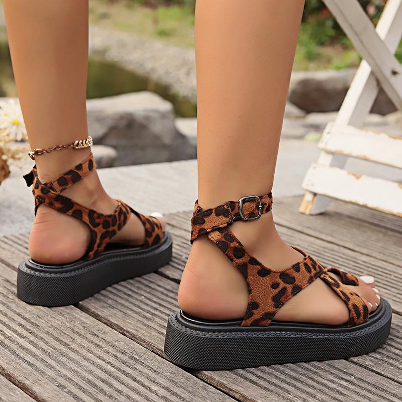 Lucyever Leopard Ankle Wrap Platform Sandles Women Summer Clip Toe Thick Bottom Gladiator Sandals Woman Backle Strap Roman Shoes