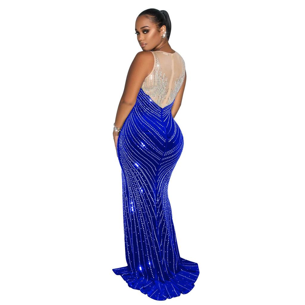 European and American Fashion Women's Sleeveless Rhinestone Round Neck Long Dress