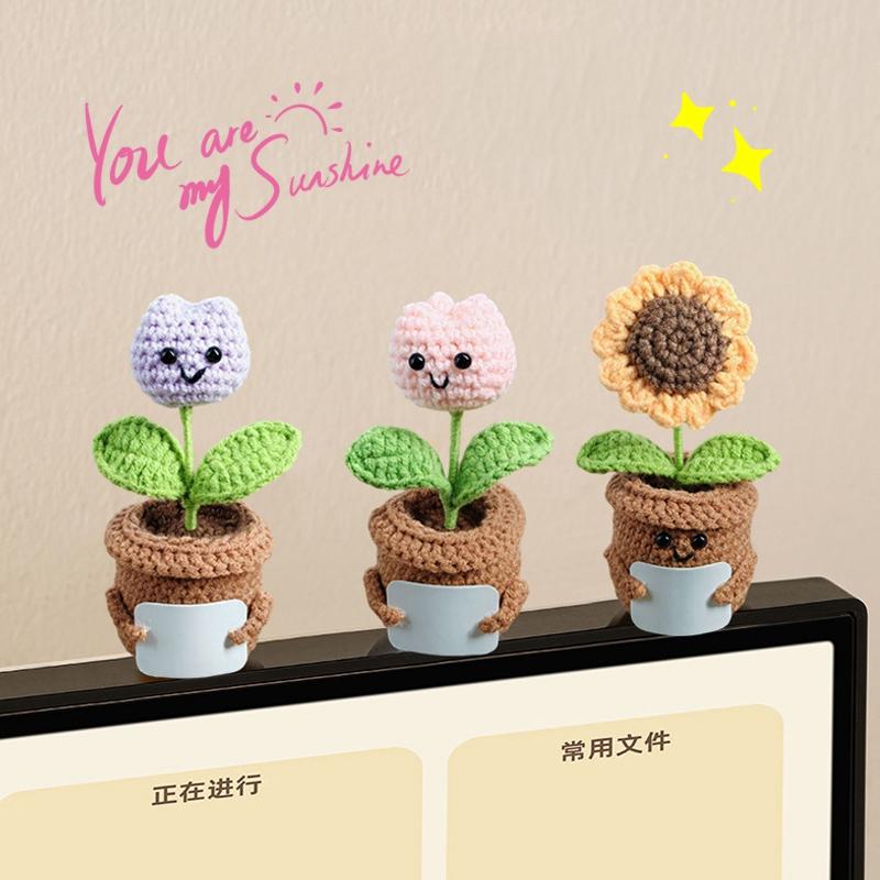 Crochet Flowers Potted Valentine's Day Gift Woven Sunflowers Crochet Ornament with DIY Note Card Desk Ornament Birthday Gift