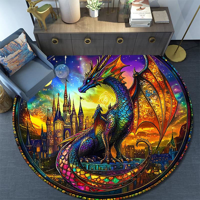 Fantasy Dragon Castle Round Area Rug,Carpet Rug for Living Room Bedroom Sofa Playroom Decor,Non-slip Floor Mat