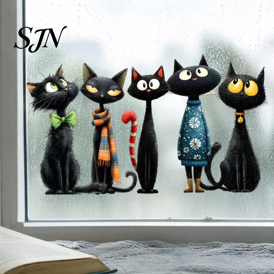 Easy Peel Glass Decals Halloween Cartoon Black Cat Static Sticker, PVC Window Decorative Removable Murals Decal, Waterproof Clings for Living Room