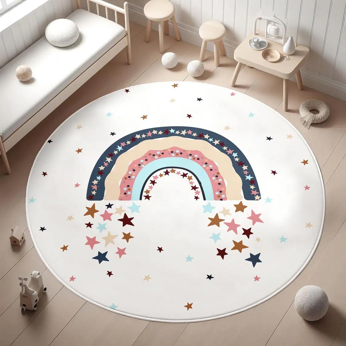 Pastel Regenboog Schattig Dier Rond Vloerkleed Collectie voor Babykamer Speelkamer Waterverf Kinderen-thema Antislip Vloermat 120X120CM