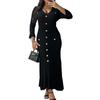 Spring Fall Women Dress Button Decor V Neck Knitted Long Sleeves Slim Fit Patchwork Fishtail Hem Solid Color Stretchy Maxi Dress