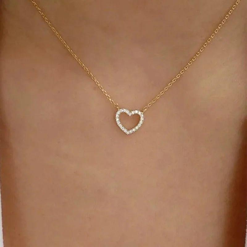 Yhpup Korean Style Shiny Cubic Zirconia CNC Hollow Heart Love Necklace Pendant Delicate Fashion Jewelry Valentine's Day Gift