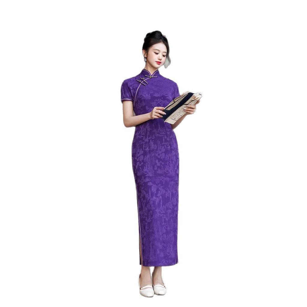 2025 Spring/Summer Red Cheongsam Long Dress - Chinese Style, Short Sleeve Performance Costume