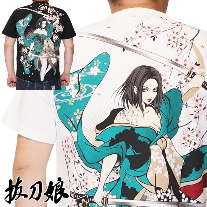 Battou Musume Karakuri Tamashii Japanese Pattern T-Shirt, Men's, Short Sleeve, Rin, 252138-20, Black-XL