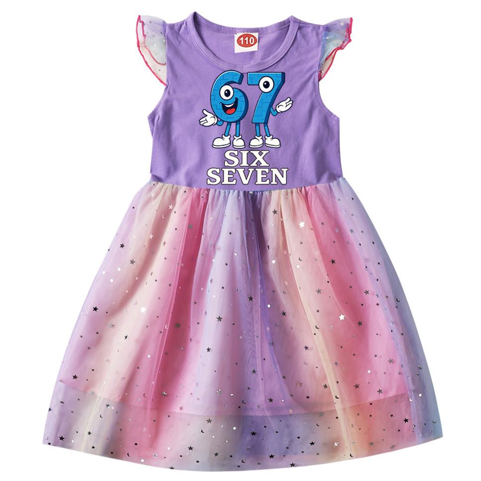 9194 Kids Girls Steal a Brainrot 67 Six Seven Print Ruffle Short Sleeve Sequins Casual Rainbow Dress