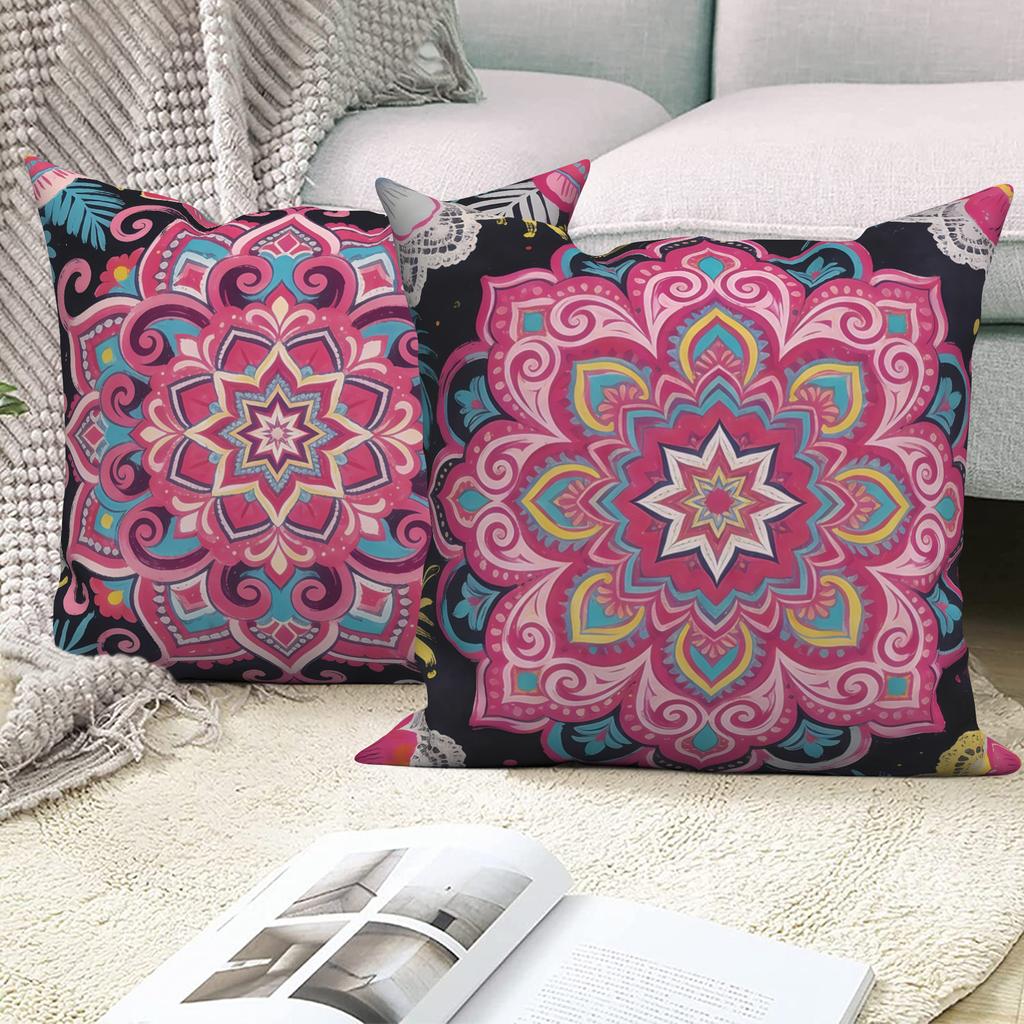 4Pcs/Set Boho Pink Mandala Throw Pillow Covers, Colorful Bohemian Floral Cushion Cases, Polyester/Linen, Ethnic Home Decoration