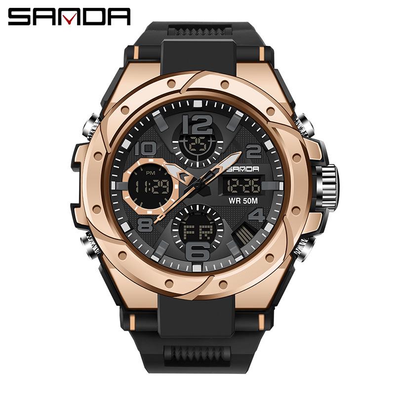 Sanda Trendy Waterproof Sports Watch - Minimalist Design with Dual Display for Students