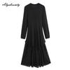 French Style Autumn Winter Women Maxi Long Dress Brief O Neck Knitting Lace Patchwork Dress Thick Warm Knitted Ruffles Feminine Dress