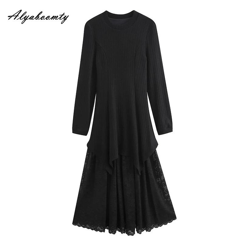 French Style Autumn Winter Women Maxi Long Dress Brief O Neck Knitting Lace Patchwork Dress Thick Warm Knitted Ruffles Feminine Dress