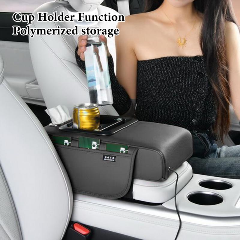 Car Armrest Cushion With Cup Holder Auto Center Console Armrest Cushion Box Elastic Belt Design Vehicle Interior Accessories For