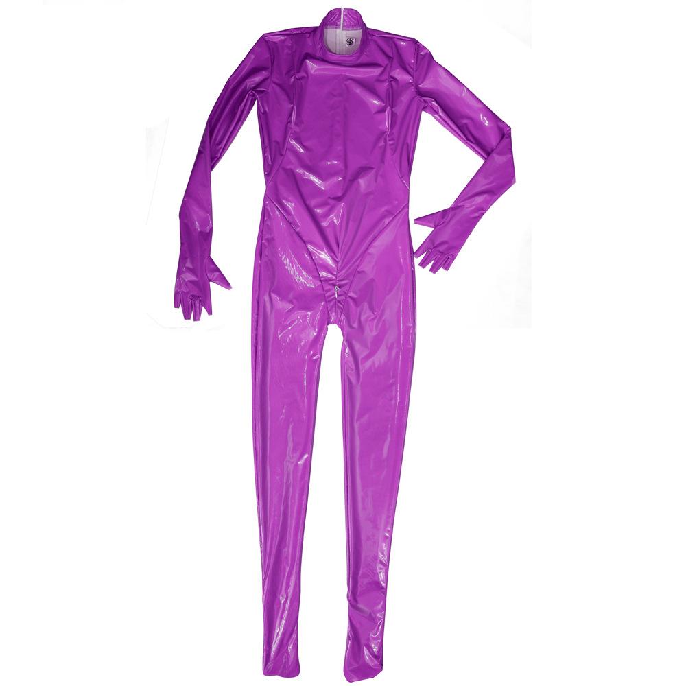 Tuta in Finta Lattice Colore Caramella Bodysuit in PVC Elastico Lucido Guanti a Mezza Dita Collant Sexy Modellante Body con Zip all'Incrotch