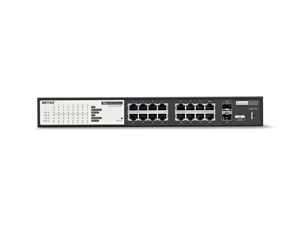 BUFFALO Layer 2 Web Smart Gigabit 16 802.3at Switch, Ports, BSL-PS-G2116M