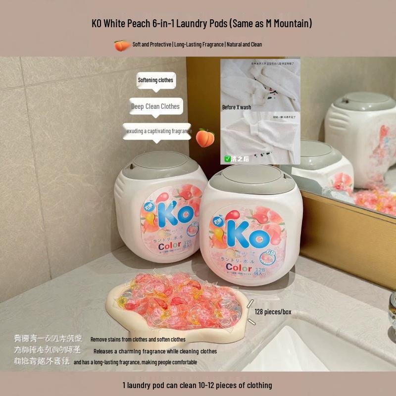 KO 6-in-1 White Peach Laundry Pods: Long-lasting Fragrance, Stain and Dust Mite Removal, Softening, 128 Pieces.