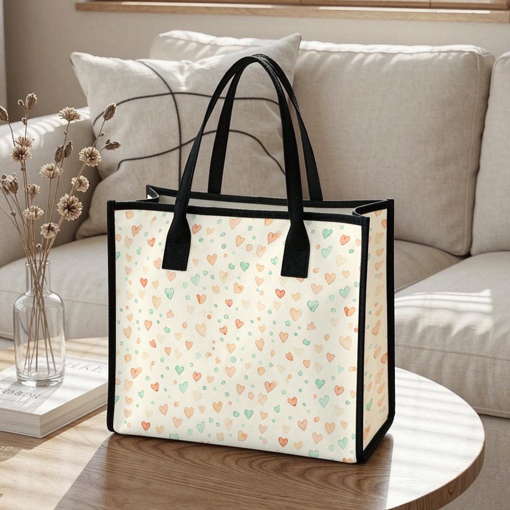Sweet Heart Pattern Tote Bag Fashion Portable Daily Use Casual Top Handle Handbag for Women Outdoor Shopping Travel Commute