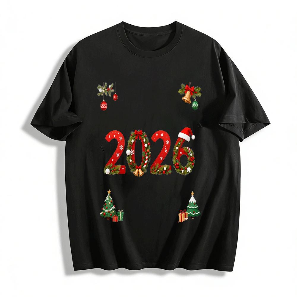 

2026 Christmas New Year Graphic Casual Loose Fit Top Pure cotton T-shirt XXS