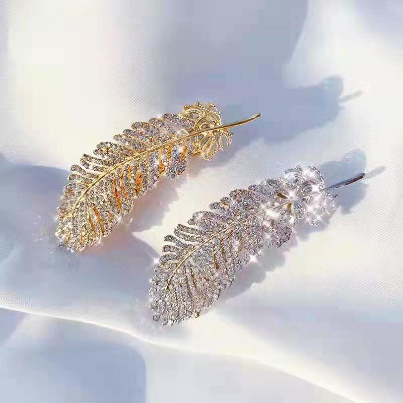 Korean Rhinestone Leaf Hairpin - Diamond Feather Duckbill Clip for Women