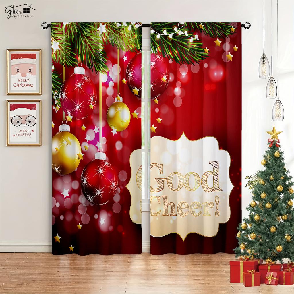 2-Piece Christmas Decor Drapes Fireplace Christmas Tree Cartoon Print Design Bedchamber Dining Room Party Decoration Curtains