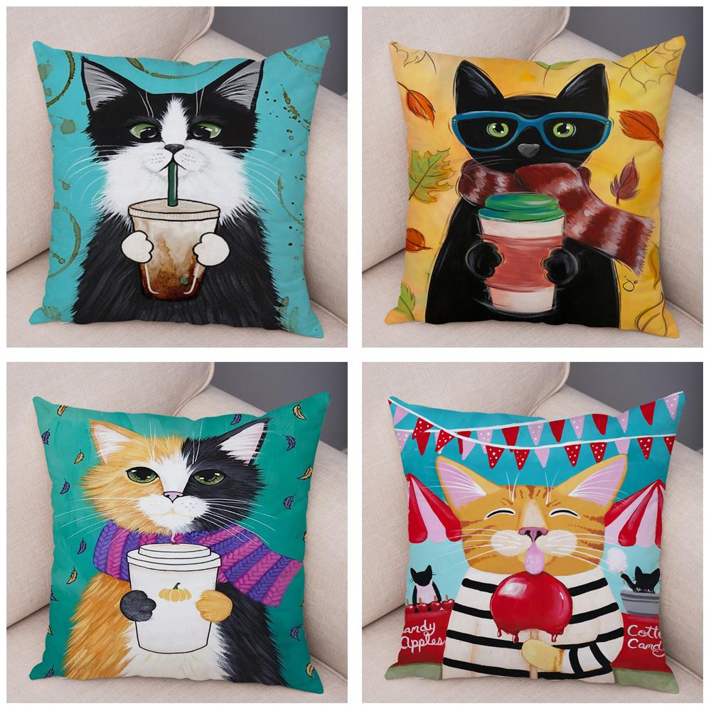 Bedroom Cute Funny Cartoon Coffee Cat Pillowcase Decoration Pet Animal Pillowcase Cushion Cover Sofa Home Car