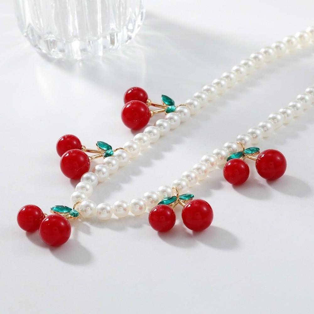 Cherry Pendant Women's Pearls Necklace Jewelry Gift Neck Chain Cherry Pendant Necklace  Women