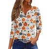 Lady's fashionable casual V-neck buttoned Halloween print three-quarter sleeve