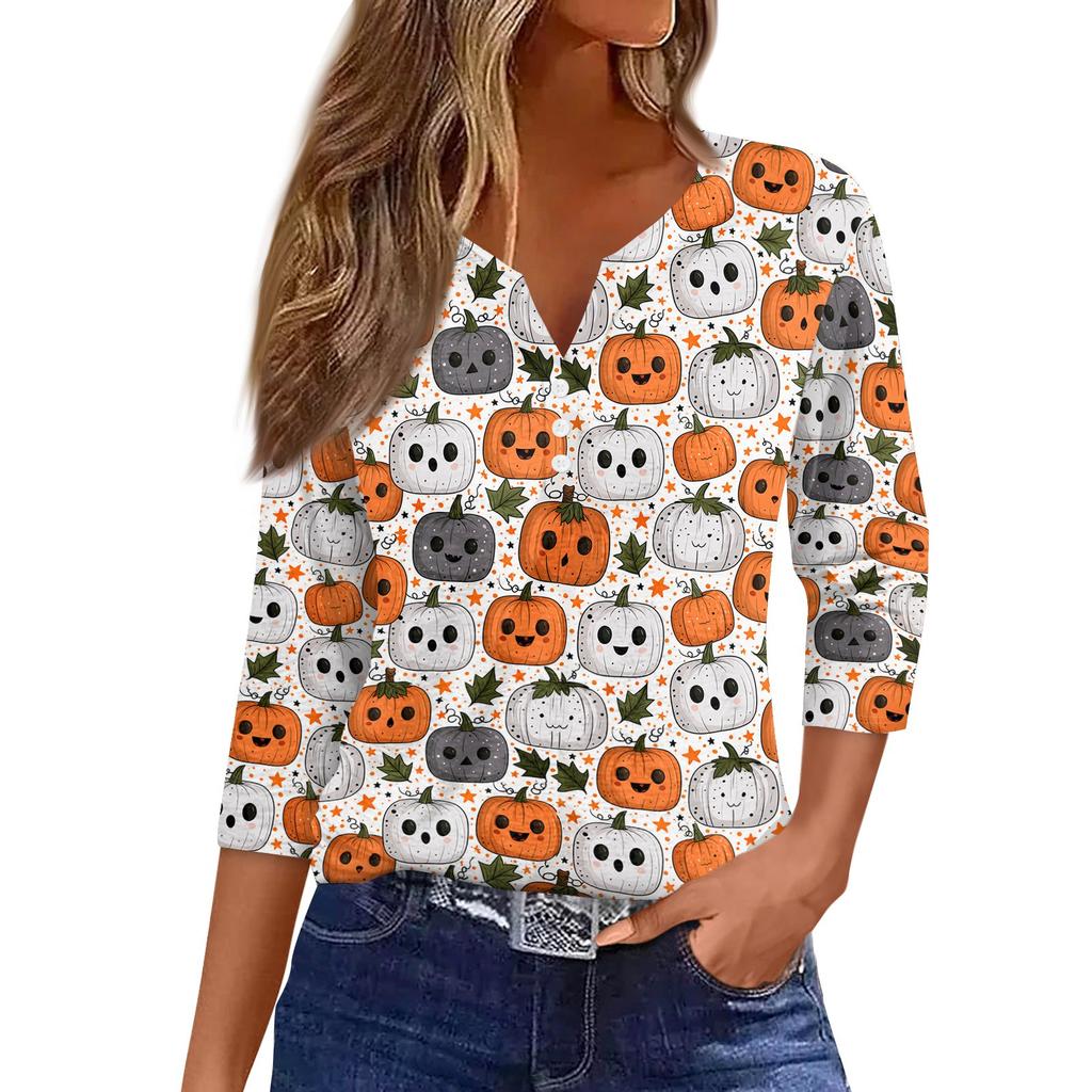Lady's fashionable casual V-neck buttoned Halloween print three-quarter sleeve