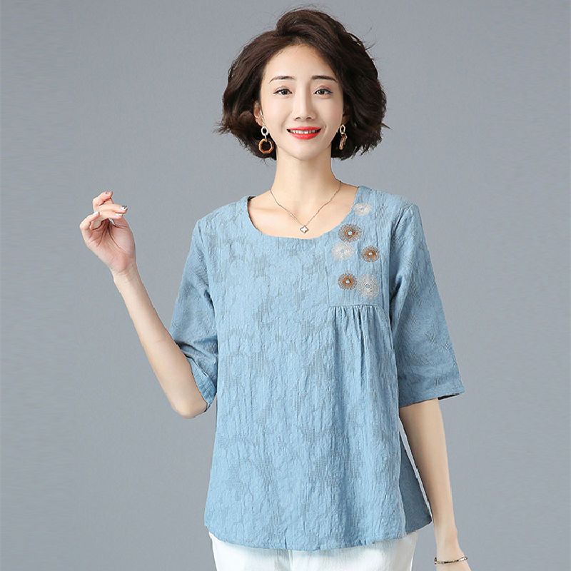 Konstbroderad Blomma Bomull Linne T-shirt för Kvinnor På Sommaren Kortärmad Baby T-shirt Lös Smalande Topp