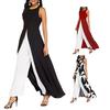 Damen Jumpsuit Sommer Ärmellos Kontrastfarben Spleißen Hoher Schlitz O-Ausschnitt Elegant Büro