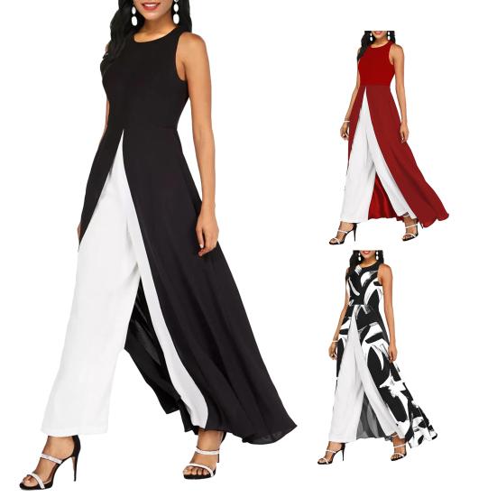 Damen Jumpsuit Sommer Ärmellos Kontrastfarben Spleißen Hoher Schlitz O-Ausschnitt Elegant Büro