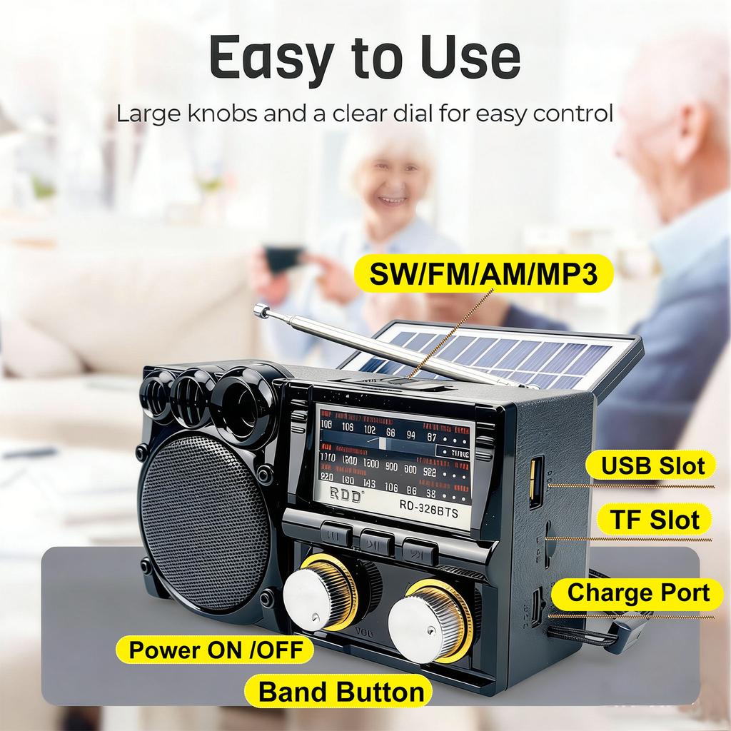 Radio Portátil FM AM SW Radio Solar Receptor de Radio Altavoz Bluetooth Tarjeta TF Unidad USB Reproductor de Música MP3 Batería Recargable