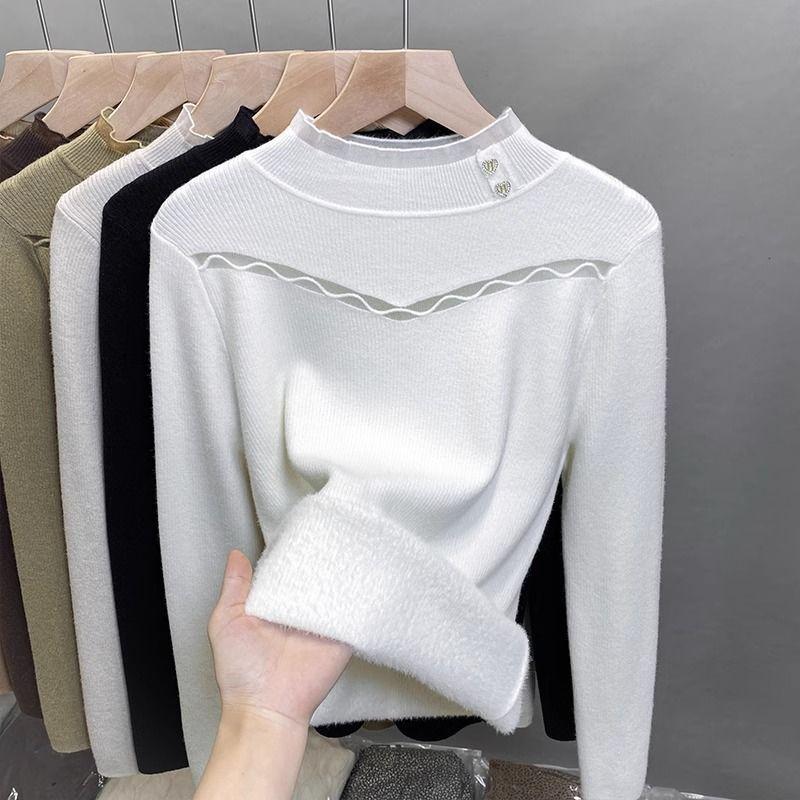 

Цельный бархатный свитер с высоким воротом, женский бархатный зимний вязаный свитер с кружевом, внутренний слой XL бежевый