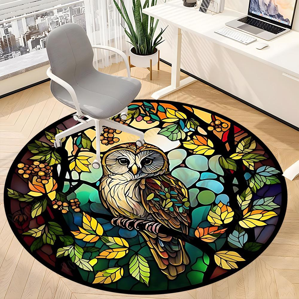 1pc Stained Glass Owl Chair Carpet for Office, Round Polyester Mat, Indoor Decor for Office, Easycare Fabric, Washable Non-slip Area Carpet