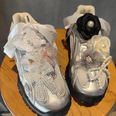 Fashion Mesh Flower Shoe Decorations Shoe Lace Charms for Sneakers Girl Pearl Lace Bow Shoes Charm Laces Buckle 1Pcs