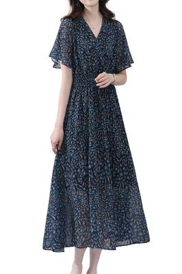 Yino Floral Print Long Short Chiffon Maxi Flared Elastic Perfect for Party Everyday Summer Dress, Sleeve, Women's Dress, V-Neck, Sleeves, Lined,
