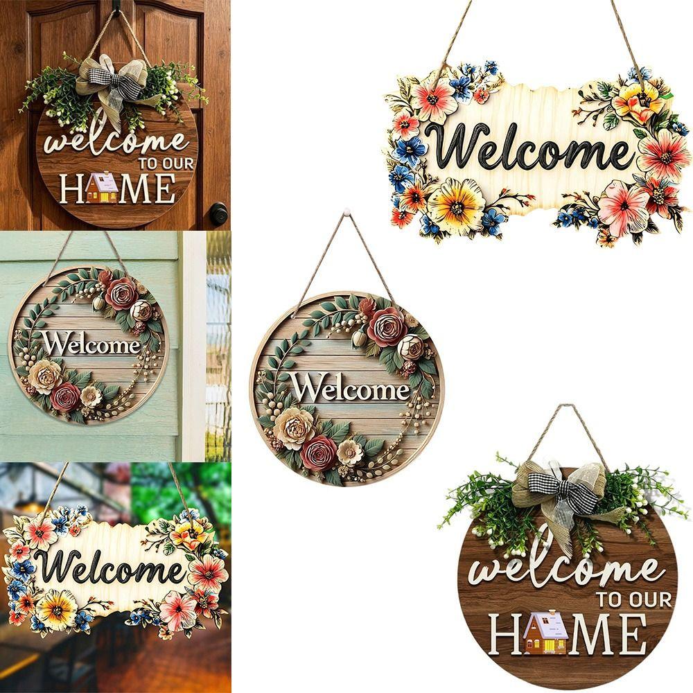 Retro Style Round Doorplate Cat Print Hanging Wooden Board New 2D Round Welcome Sign Home Decor