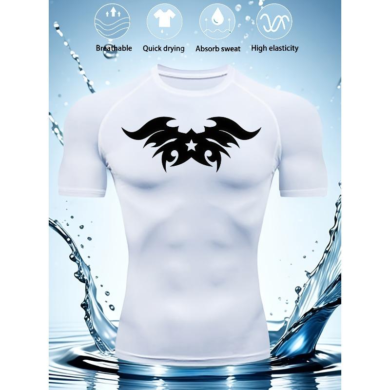 White Compression Short Sleeve T-Shirt Black Winged Tribal Design With Star Graphic Quick Dry Breathable High Elasticity Gym And Workout Athletic Top