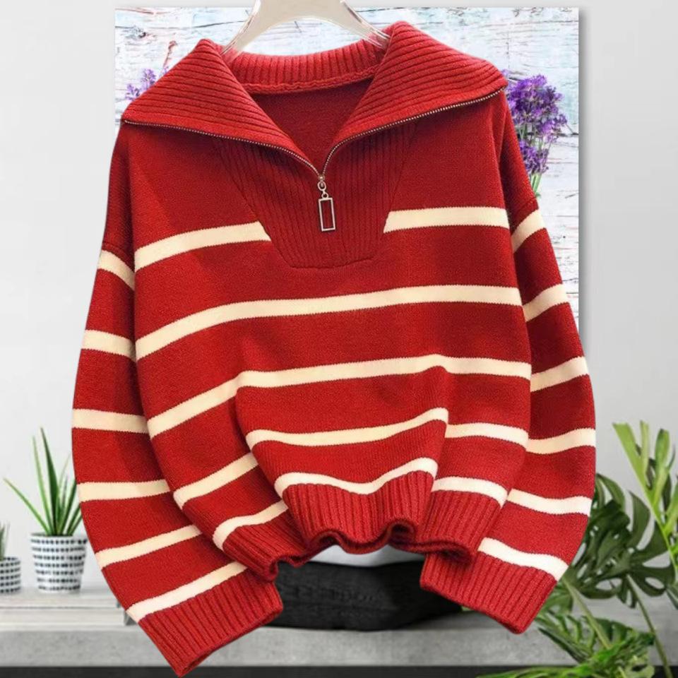 Autumn and Winter Women's Inner Stripe Knit Zip Pullover Sweater