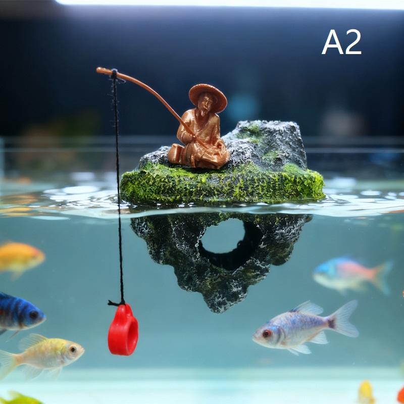 Mini Resin Fishing Man Aquarium Statue Creative Floating Island Artificial Landscape Ornament for Small Fish Tank Decor