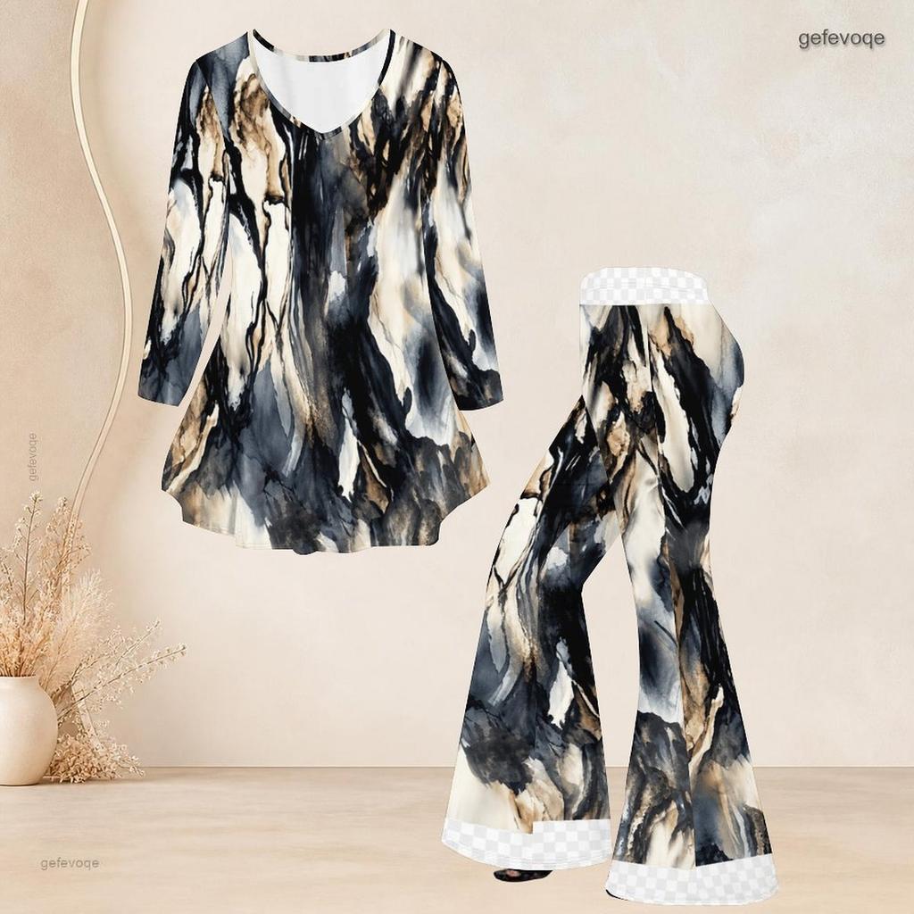 Women Plus Size White Navy Blue Printed V Neck Three Quarter Sleeve Flared Top Flared Pants Two Piece Set