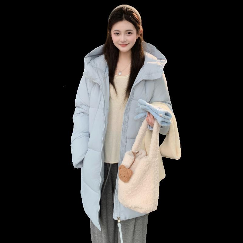 2025 New Down Cotton Jacket Women's Medium and Long Versatile Puff Solid Color Hooded Fresh Winter Thickened Jacket