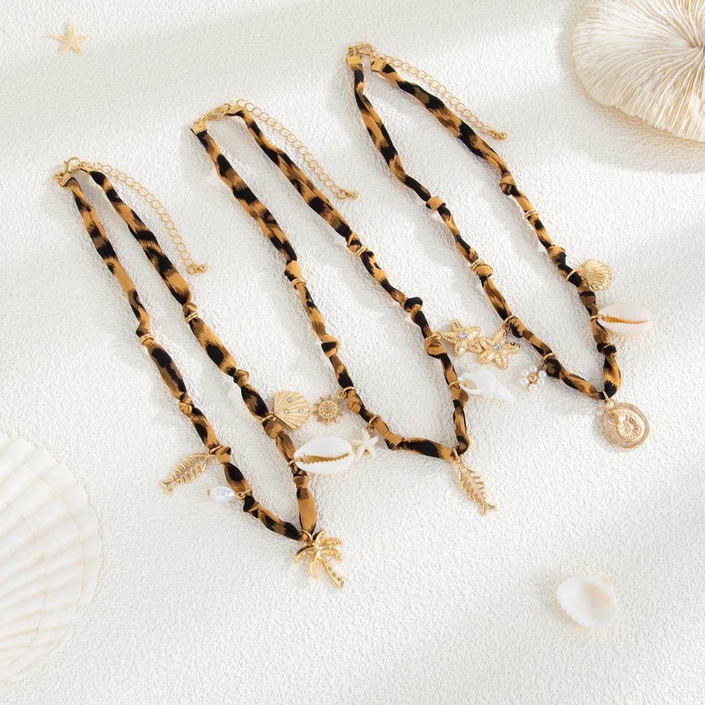 Holiday Style Starfish Shell Coconut Tree Sun Pendant Necklace, Sexy Leopard Print Cotton Collarbone Necklace