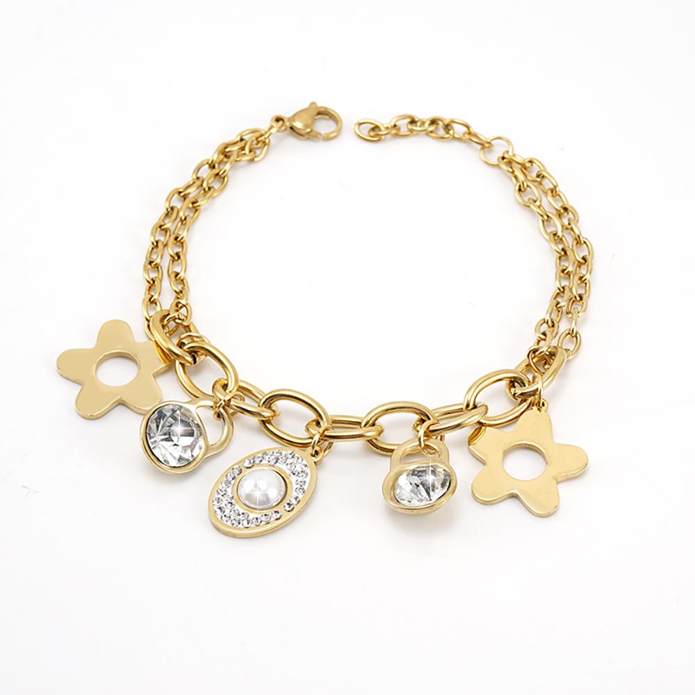 

Браслет из нержавеющей стали с покрытием из 18-каратного золота с бриллиантами в виде клевера - Европейский/Американский стиль, двухслойный, для ношения в комплекте, для женщин