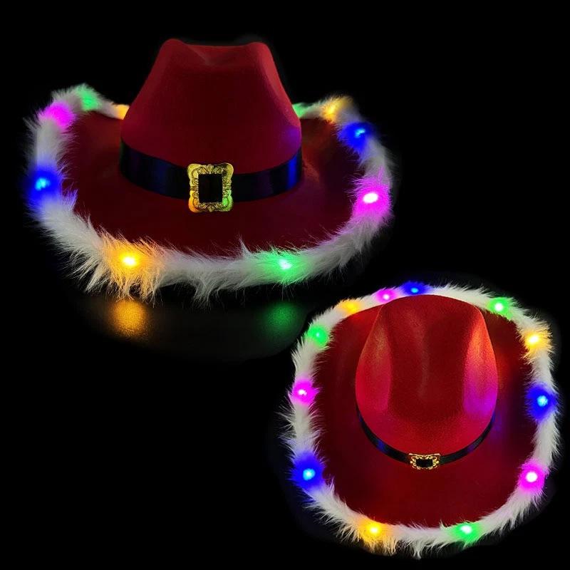 Santa Claus Western Hat Christmas LED Light Up Cowboy Hat Red Felt Wide Brim Cowgirl Jazz Hat for  Party Costume Accessory