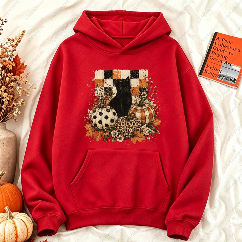 Black Cat Pumpkin Fall Checkered Graphic Hoodie Women Casual Long Sleeve Pullover Vintage Halloween Autumn Holiday Gift Top