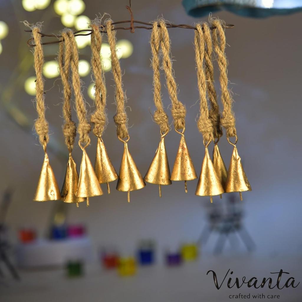 10-Pack Rustic Gold Metal Cow Bells with Jute Rope, 2-Inch Vintage Cone Bells for Crafts, Witch Bells, and Boho Farmhouse Wall Decor