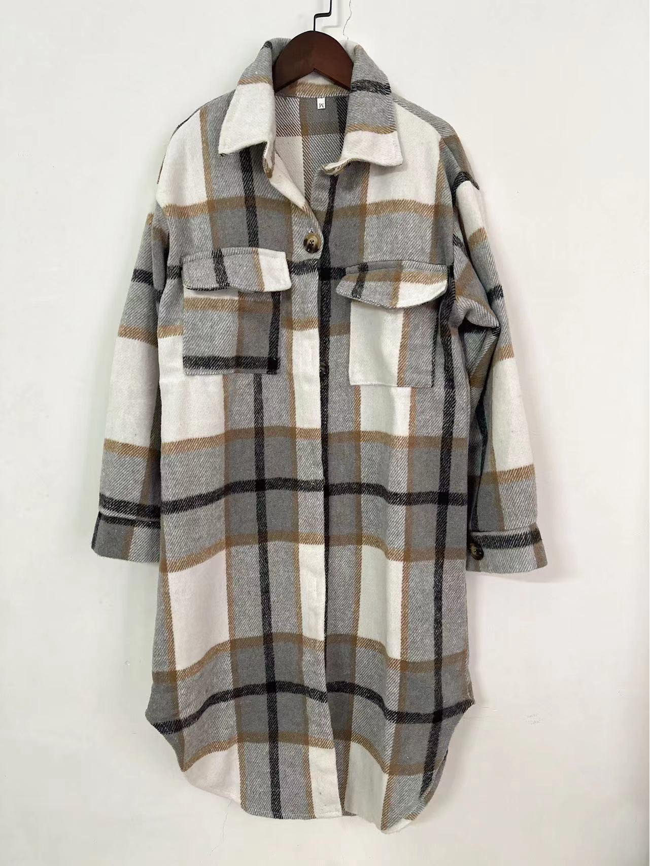 

Женская клетчатая рубашка-куртка с длинным рукавом - средней длины, универсальный модный топ Extra Large белый