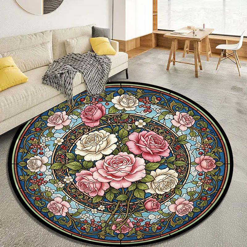 Vintage Rose Runder Teppich, Teppich für Wohnzimmer Schlafzimmer Sofa Spielzimmer Dekor, Rutschfeste Bodenmatte109