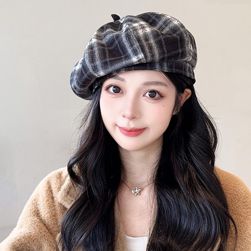 Plaid Beret Children'S Season Big Head Circumference Showing Face Small Pumpkin Hat Retro Literary Temperament Painter Hat