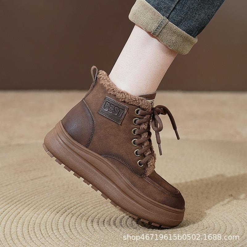 Winter Velvet Cotton Shoes Leather Thick-soled Fashion Thickened Boots Retro Snow Boots Outer Short Boots